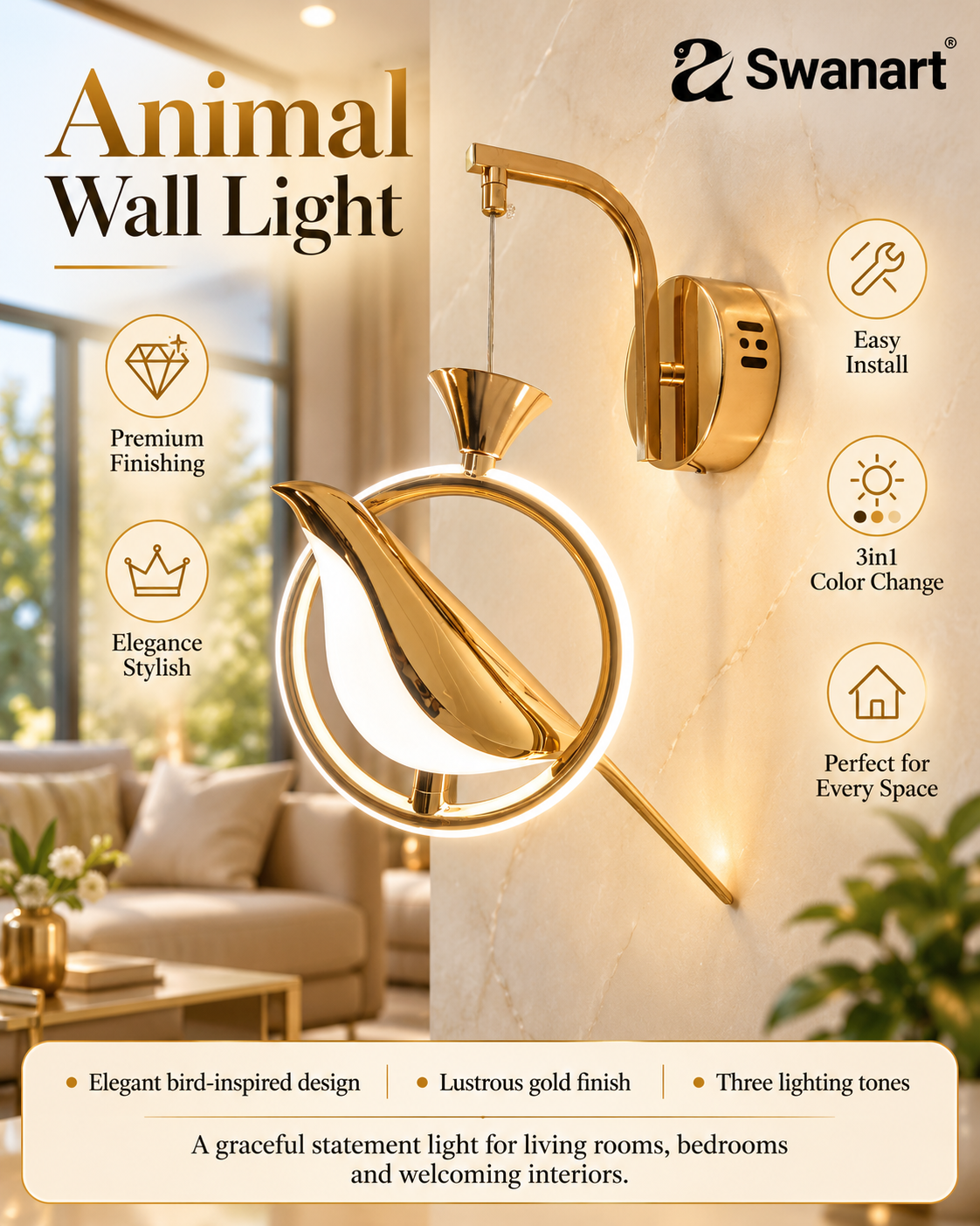 Elegant gold and white Swanart bird-shaped LED wall sconce with artistic design, ideal for bedrooms and living rooms.