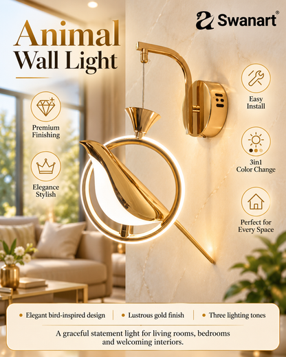 Elegant gold and white Swanart bird-shaped LED wall sconce with artistic design, ideal for bedrooms and living rooms.