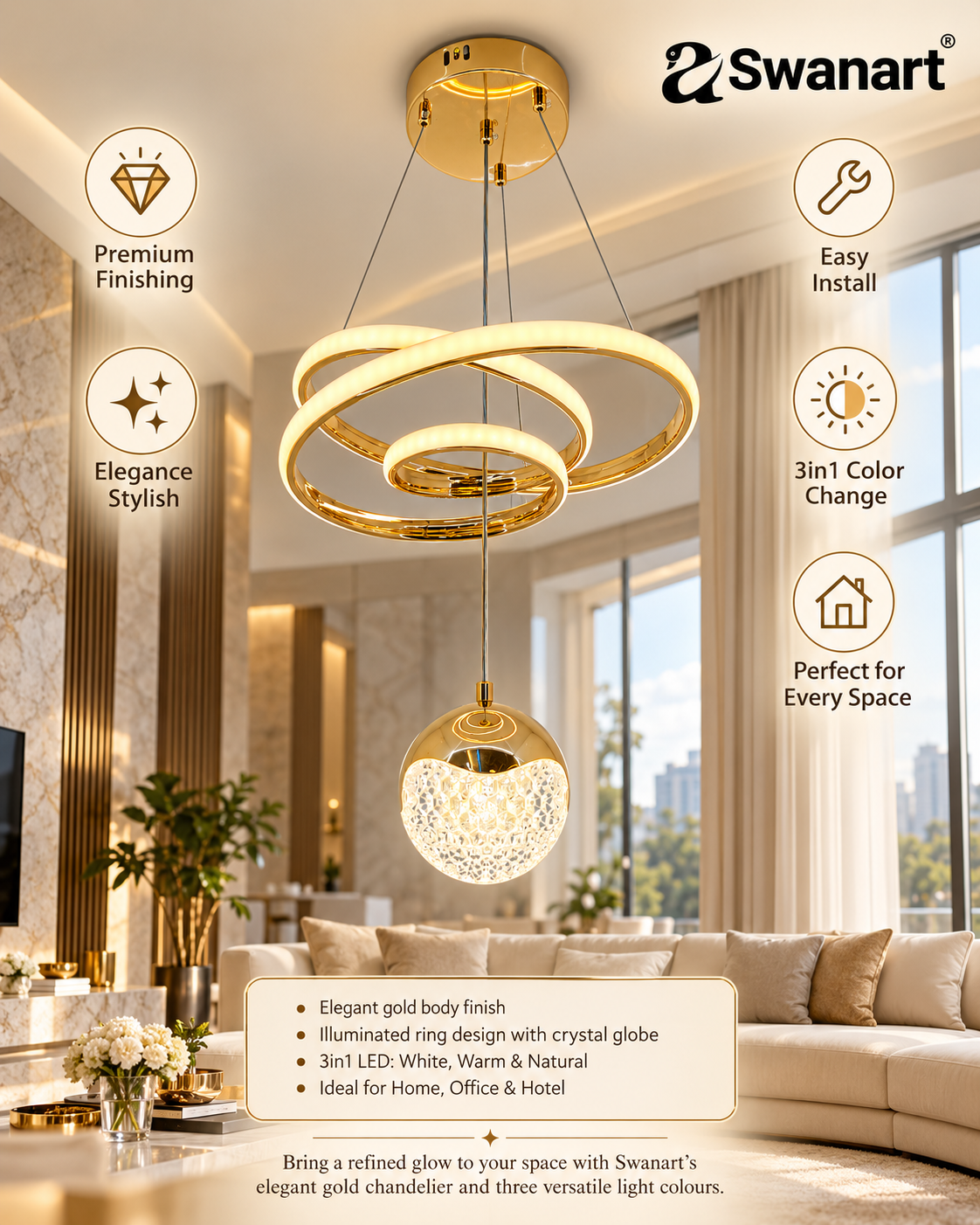 Elegant gold ring chandelier by Swanart with a crystal globe and spiral design, modern LED dimmable ceiling pendant light.