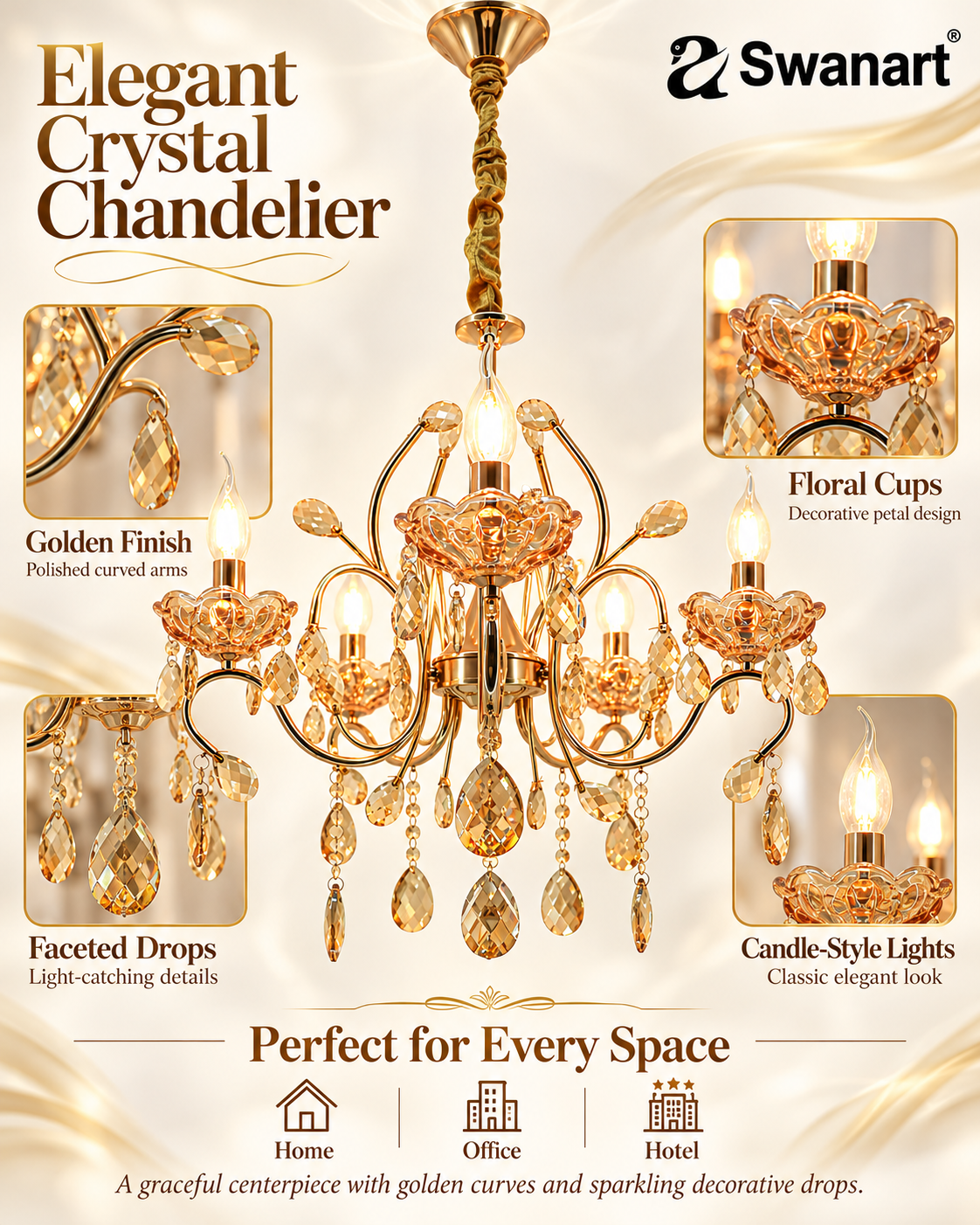 Elegant Swanart Italian chandelier with five golden crystal bulbs, showcasing luxurious lighting decor and intricate design details.
