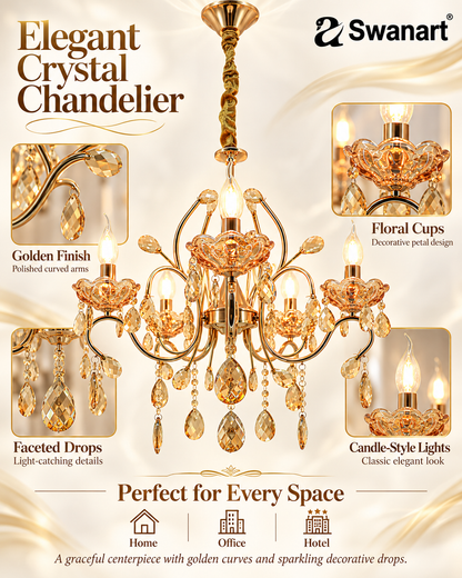 Elegant Swanart Italian chandelier with five golden crystal bulbs, showcasing luxurious lighting decor and intricate design details.