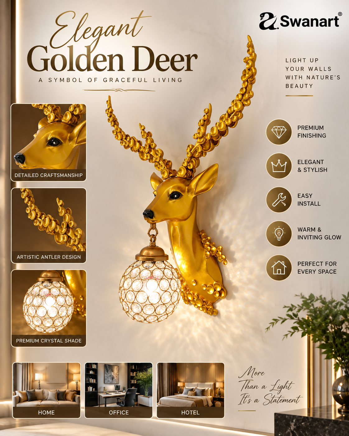 Swanart Elegant Deer Wall Lighting Fixture - Antler Design LED Sconce for Rustic Home Decor Light