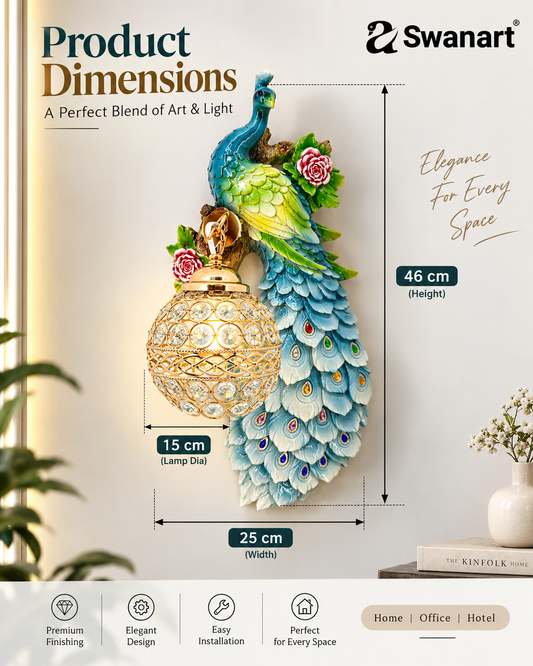 Swanart decorative peacock wall light with crystal lamp, vibrant colors, gold accents, 3D handcrafted design for bedroom or living room