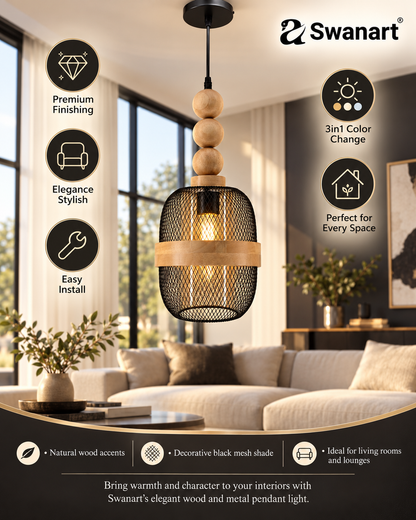 Swanart Modern Wooden Mesh Pendant Light, Decorative Hanging Light with Black Metal Cage Shade, Rustic Ceiling Lamp for Dining Room, Kitchen Island, Living Room, Pendant Light Fixture