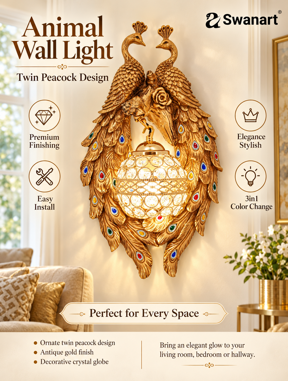 Exquisite Peacock Wall Sconce Royal Crystal Lighting - Swanart