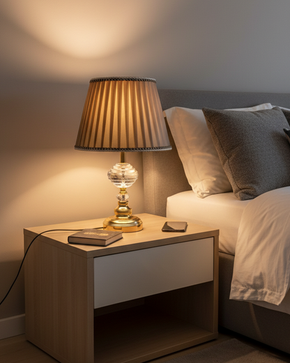 Swanart luxury crystal bedside table lamp with pleated fabric shade and warm ambient light for bedroom or living room decor.