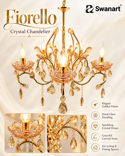 Golden floral crystal Italian chandelier by Swanart with five elegant bulbs, showcasing intricate design and luxurious lighting decor.