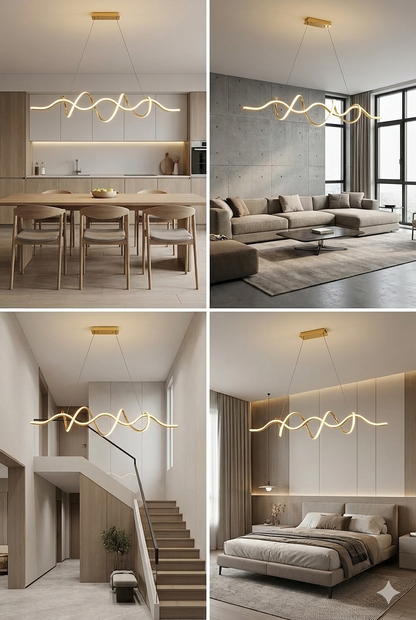 Swanart modern wave LED chandelier pendant light in gold, 100 cm, hanging ceiling light with adjustable height over dining or living areas.