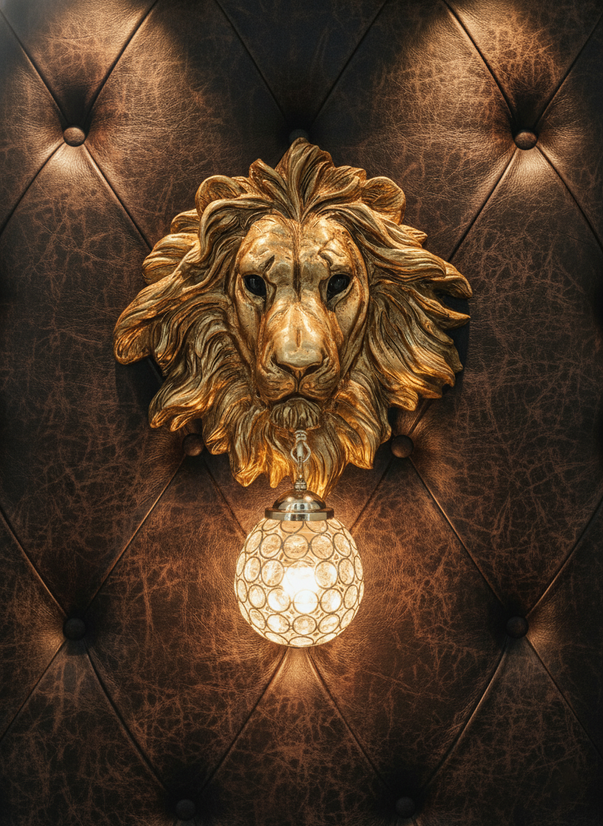 Swanart Leonara Lion Head Wall Light – Decorative Gold Lion Face with Crystal Globe, 37x47 cm – Elegant Wall Sconce for Living Room, Bedroom, and Offices