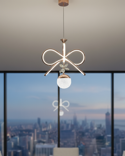 Swanart modern infinity loop LED pendant chandelier with rose gold finish, glass globe, and crystal accents for living or dining rooms