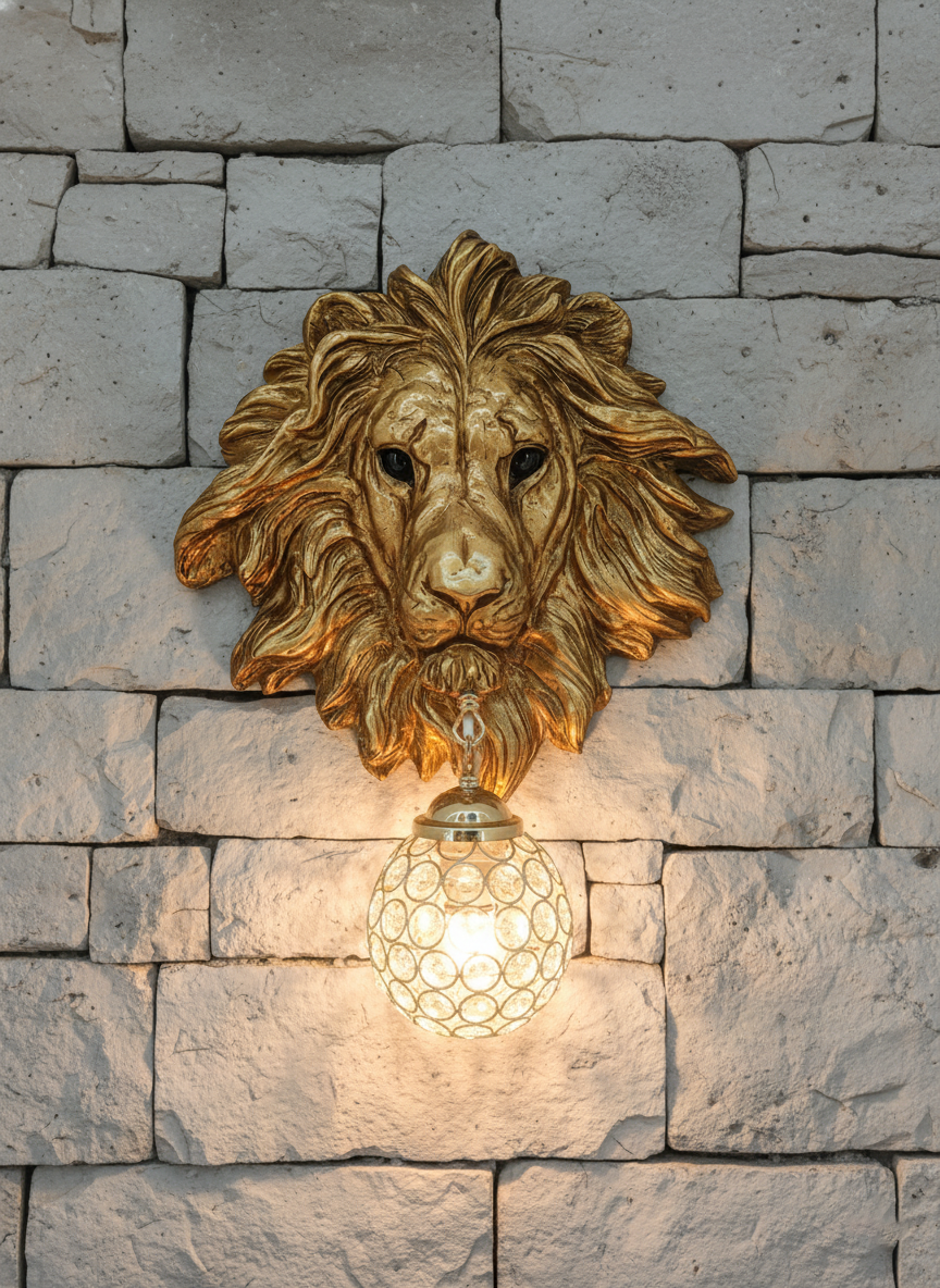 Swanart Leonara Lion Head Wall Light – Decorative Gold Lion Face with Crystal Globe, 37x47 cm – Elegant Wall Sconce for Living Room, Bedroom, and Offices