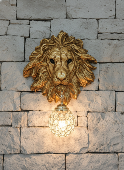 Swanart Leonara Lion Head Wall Light – Decorative Gold Lion Face with Crystal Globe, 37x47 cm – Elegant Wall Sconce for Living Room, Bedroom, and Offices