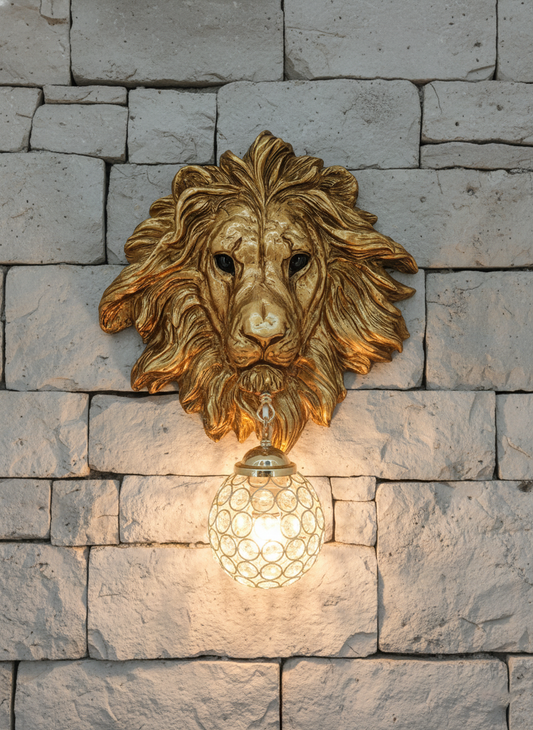 Swanart Leonara Lion Head Wall Light – Decorative Gold Lion Face with Crystal Globe, 37x47 cm – Elegant Wall Sconce for Living Room, Bedroom, and Offices