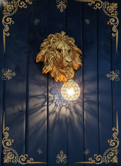 Swanart Leonara Lion Head Wall Light – Decorative Gold Lion Face with Crystal Globe, 37x47 cm – Elegant Wall Sconce for Living Room, Bedroom, and Offices