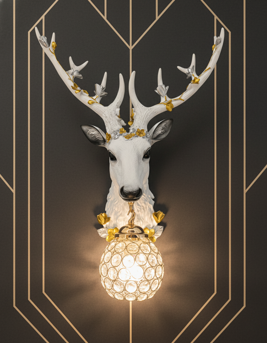 Swanart Elegant Deer Head Wall Lamp with Golden Crystal Pendant, 64cm Wall Mounted Light Fixture for Living Room, Bedroom, or Hallway - Unique Artistic Decor with Warm Glow - Modern & Luxurious Design - Swanart