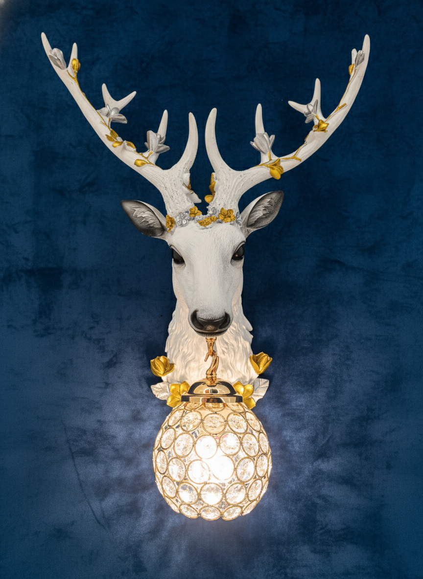 Swanart Elegant Deer Head Wall Lamp with Golden Crystal Pendant, 64cm Wall Mounted Light Fixture for Living Room, Bedroom, or Hallway - Unique Artistic Decor with Warm Glow - Modern & Luxurious Design - Swanart