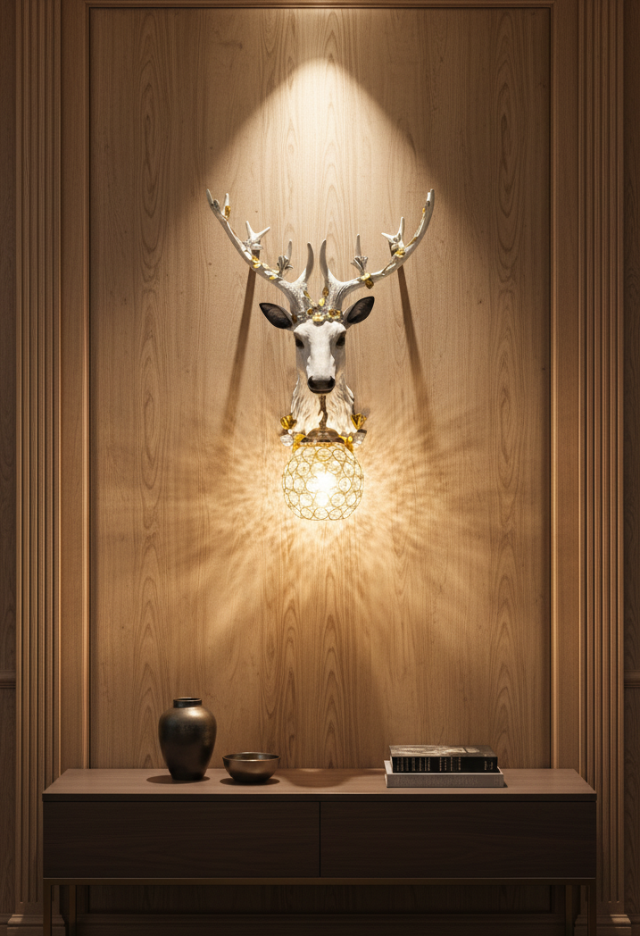 Swanart Elegant Deer Head Wall Lamp with Golden Crystal Pendant, 64cm Wall Mounted Light Fixture for Living Room, Bedroom, or Hallway - Unique Artistic Decor with Warm Glow - Modern & Luxurious Design - Swanart