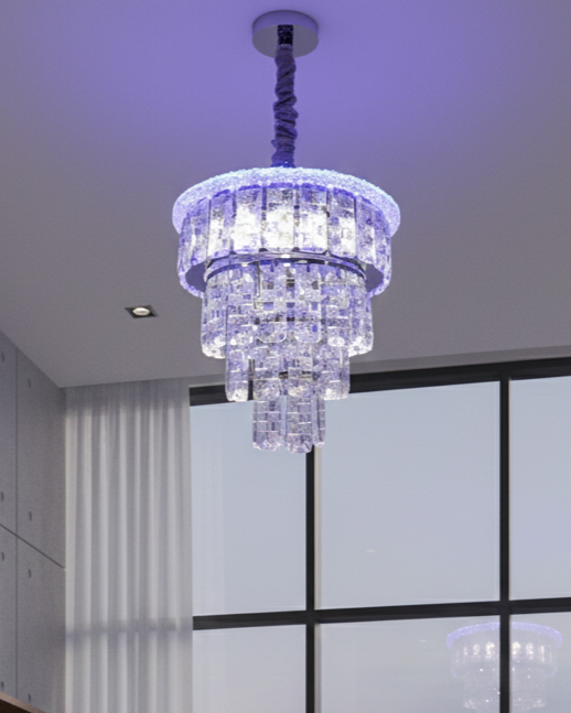 Elegant Swanart crystal chandelier with moving LED lights, featuring sparkling crystal accents and modern design for luxurious ambiance.