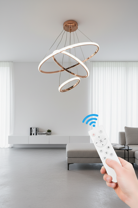 Swanart Prism 3-Ring Adjustable LED Chandelier with Remote Control, Dimmable Color-Changing Lights, Gloss Rose Golden Finish – Modern Silicon & Metal Design for Home & Office Decor - Swanart