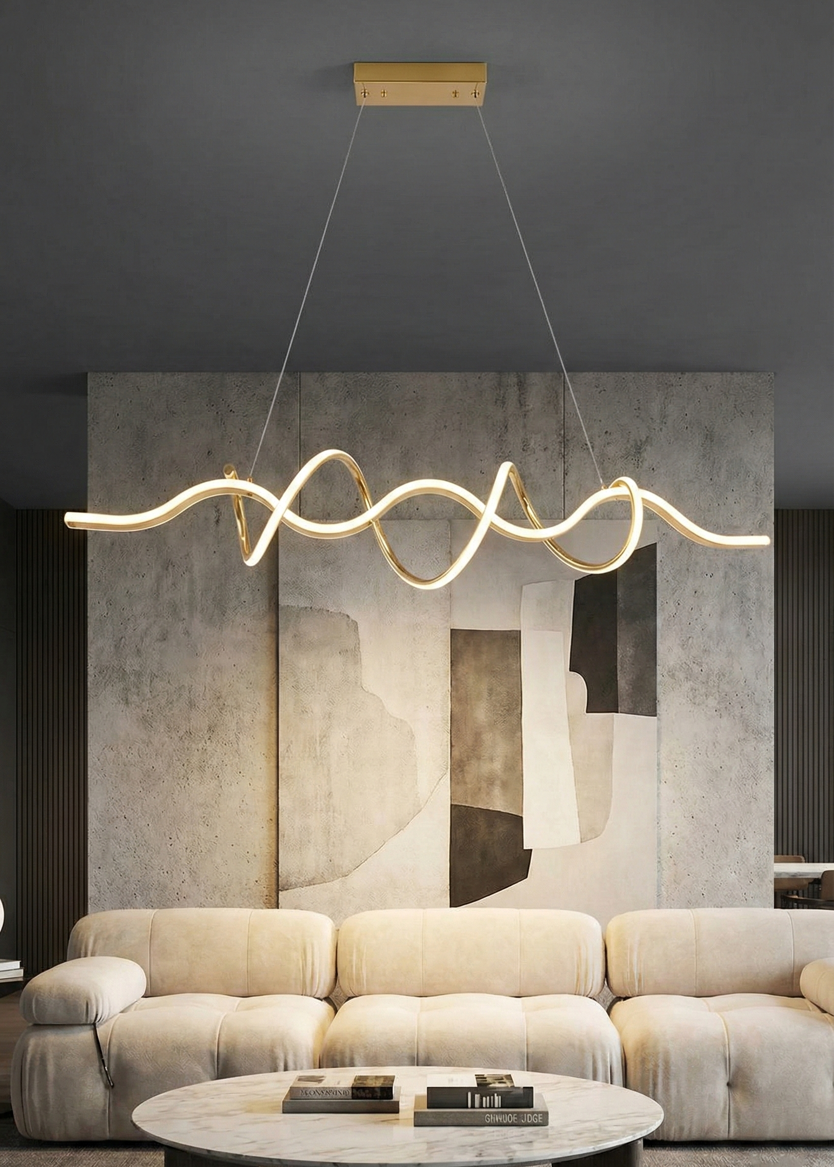 Swanart modern wave LED chandelier pendant light with gold finish, adjustable height linear design hanging above a dining table