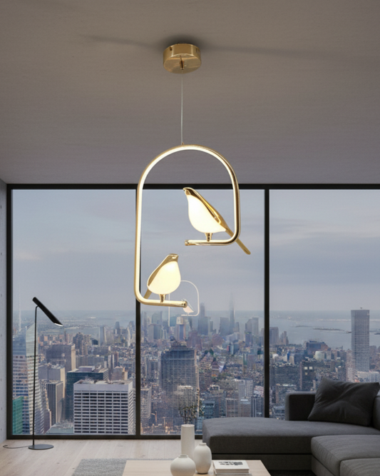 Swanart Modern Dual Bird LED Pendant Light with gold finish hanging chandelier for living room, dining, or bedroom decor.