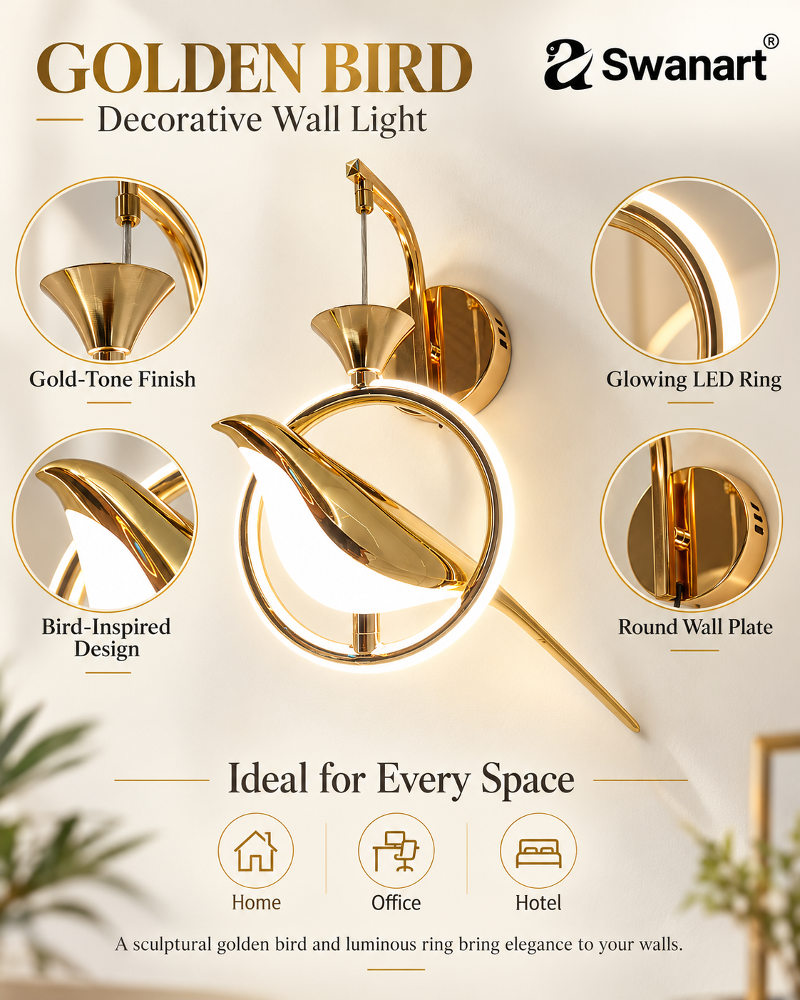 Swanart bird-shaped LED wall sconce in gold and white with artistic design, decorative lighting for bedrooms and living rooms