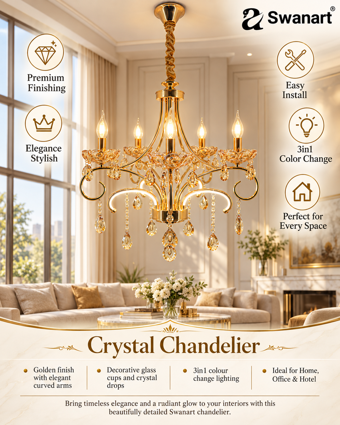Golden crystal Italian chandelier with five bulbs, handcrafted by Swanart, showcasing elegant grandeur and intricate design.