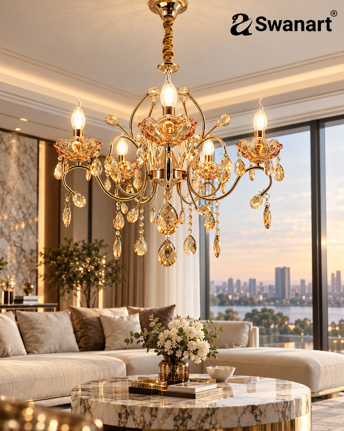 Golden crystal Swanart Italian chandelier with five bulbs, showcasing elegant modern luxury design for lighting decor.