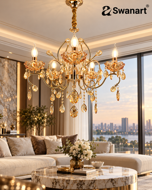 Golden crystal Swanart Italian chandelier with five bulbs, showcasing elegant modern luxury design for lighting decor.
