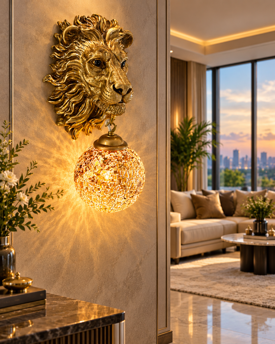Swanart Majestic Lion Head Wall Sconce with crystal globe lamp in antique gold finish, featuring decorative lion mane for elegant home lighting.