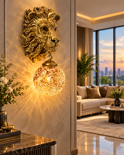 Swanart Majestic Lion Head Wall Sconce with crystal globe lamp in antique gold finish, featuring decorative lion mane for elegant home lighting.