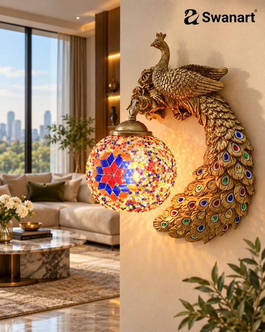 Swanart peacock wall light with mosaic glass shade in golden antique finish, decorative LED night lamp for living room or bedroom.