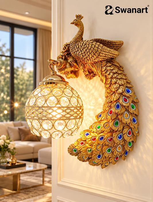 Swanart Elegant Glitzail peacock wall lamp with golden finish and crystal globe, decorative wall light for stylish home decor