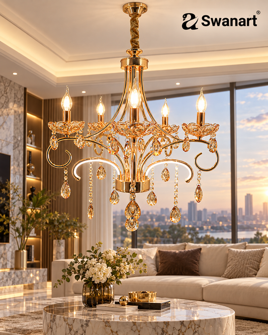 Golden Swanart Italian chandelier with five bulbs, handcrafted in a modern living room setting for elegant lighting.
