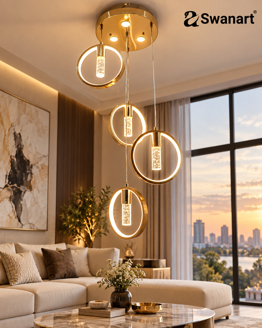 Swanart Radiant Charm Crystal Gel golden pendant light with four rings and sparkling crystals hanging from a ceiling in a luxurious living room.