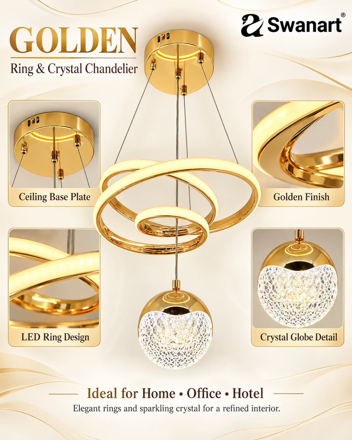 Golden spiral chandelier by Swanart featuring crystal ball accents and modern LED pendant design, dimmable hanging ceiling light.