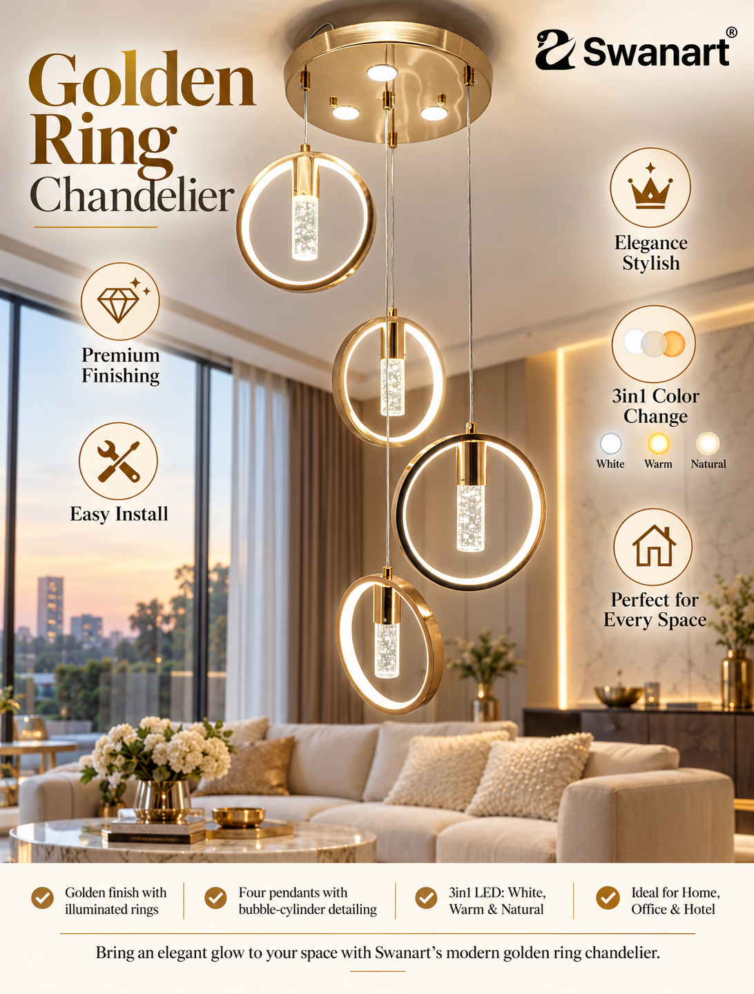 Swanart Radiant Charm Crystal Gel golden pendant light with sparkling crystals, modern hanging ceiling lamp for elegant home decor