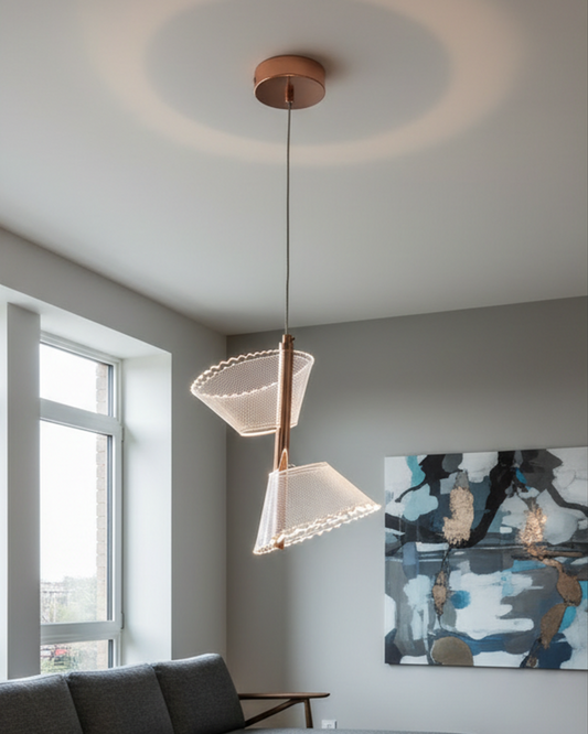 Swanart modern geometric LED pendant light with adjustable height, decorative hanging chandelier for living, dining, or bedroom.