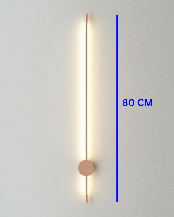 Swanart modern LED wall light in black and rose gold, 80cm tall, minimalist design, warm white ambient lighting for living room or hallway