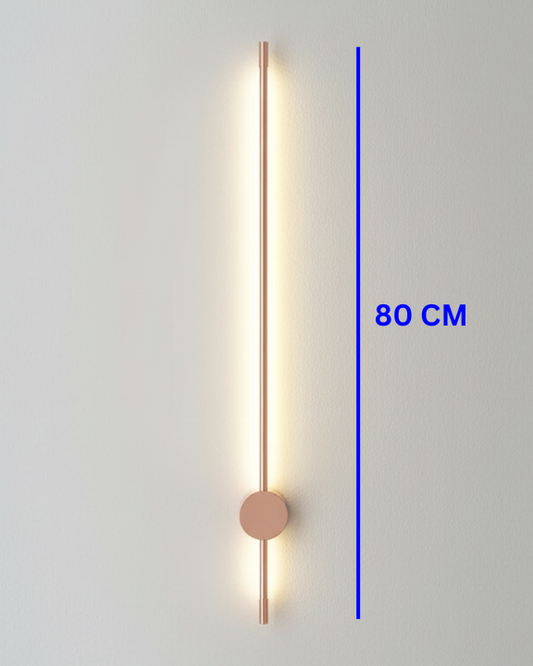 Swanart modern LED wall light in black and rose gold, 80cm tall, minimalist design, warm white ambient lighting for living room or hallway