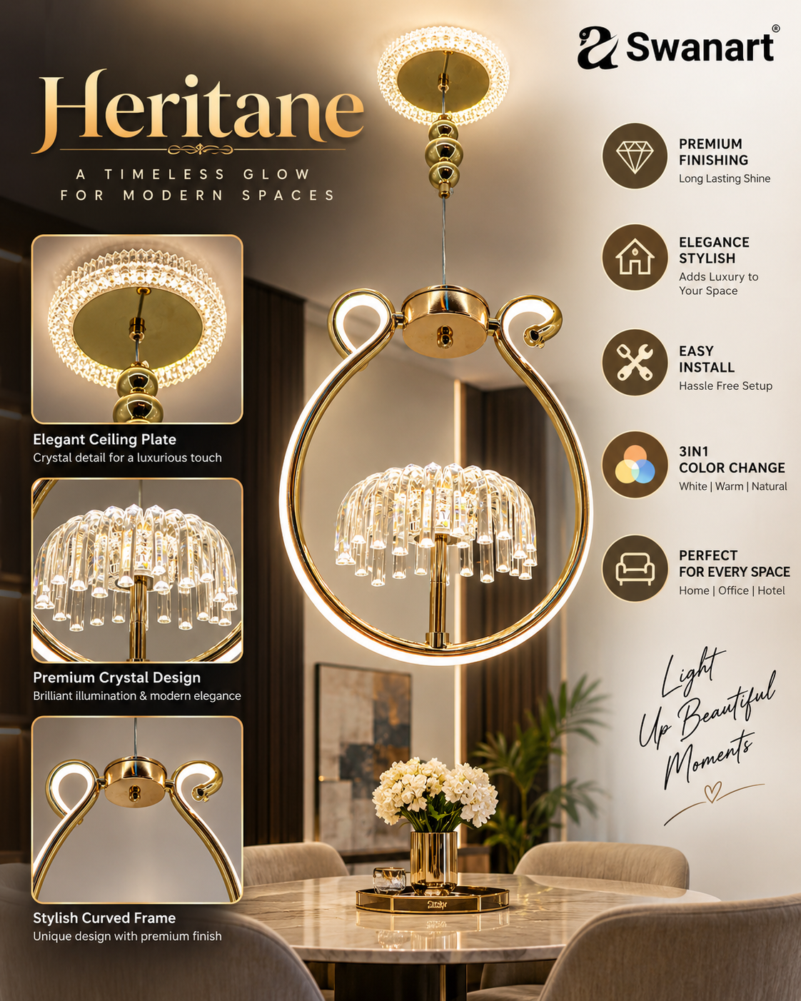 Swanart modern gold halo pendant light with glass rods, LED hanging lamp, adjustable height, ideal for dining, living, or bedroom decor.