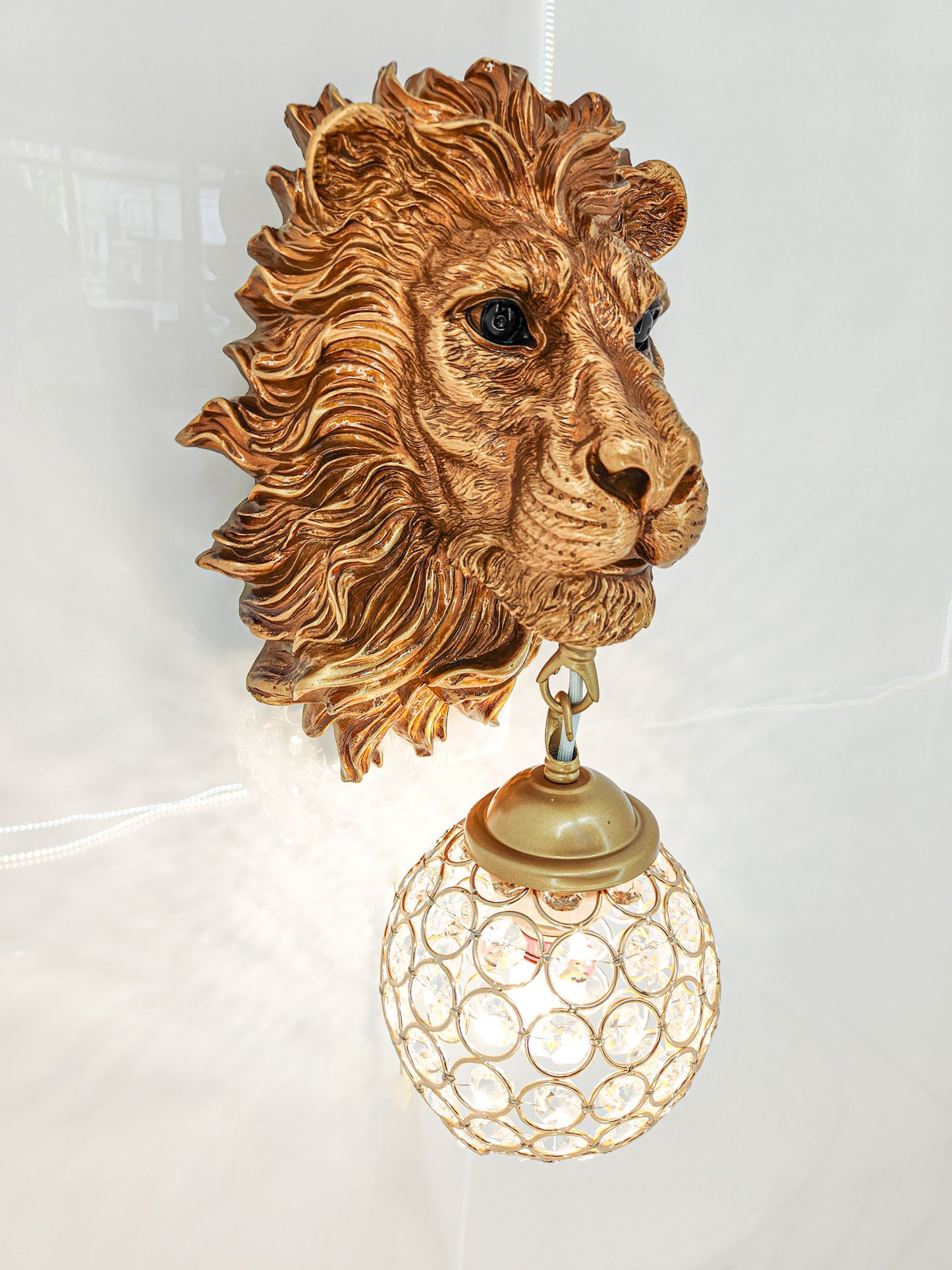 Swanart Majestic Lion Head Wall Sconce with Crystal Globe Lamp – Luxurious Wall Lighting for Living Room, Bedroom, Hallway – Antique Gold Finish, Decorative Lion Mane – Unique Home Décor Accent - Swanart