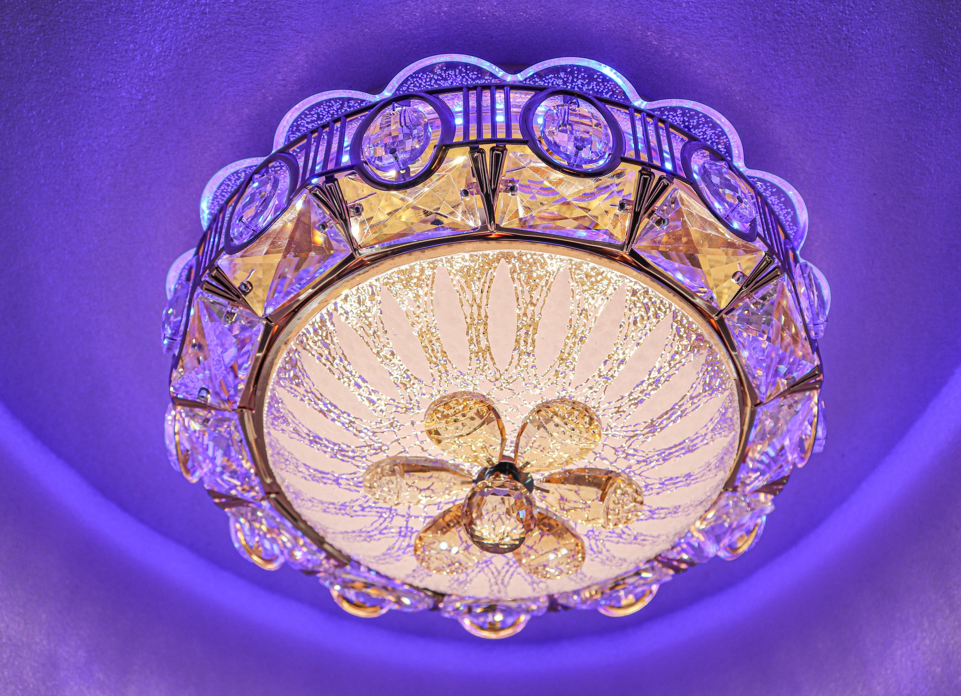 swanart Crystelle Modern Crystal Chandelier, 30cm Ceiling Light Fixture with RGB Color Changing LED, Dimmable, Flush Mount Crystal Lamp for Bedroom, Living Room, Dining Room - Swanart