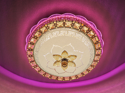 Swanart luxury crystal LED ceiling light with Bluetooth speaker, 40cm flush mount chandelier, 3 color change LEDs, modern decor.
