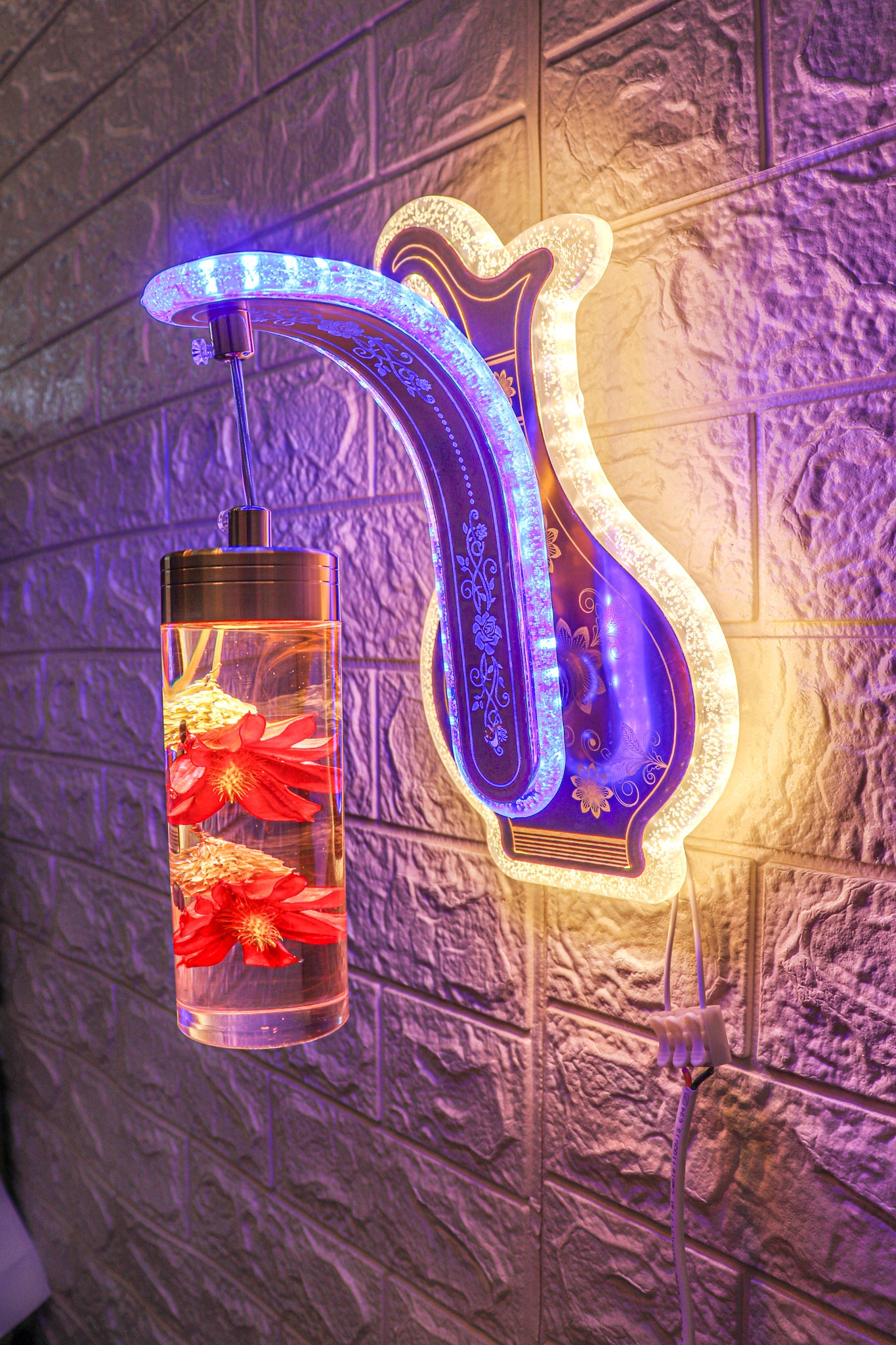 Swanart Spectacular Flower Medley Wall Sconce with multi-colored LED lights, showcasing a vibrant floral design for stylish interiors.