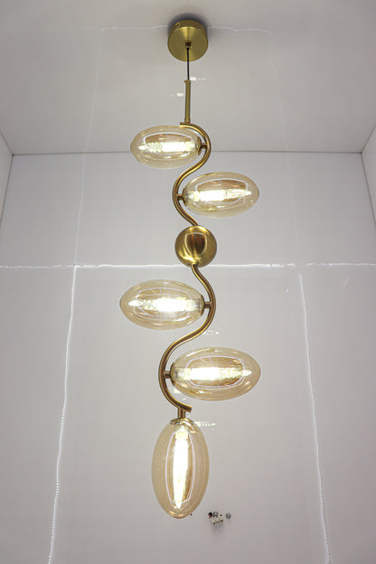 swanart Modern Gold Spiral Chandelier - 5-Light Pendant Fixture with Elegant Amber Glass Shades | Decorative Ceiling Light for Living Room, Dining Room – Creates Stunning Warm Ambiance & Statement - Swanart