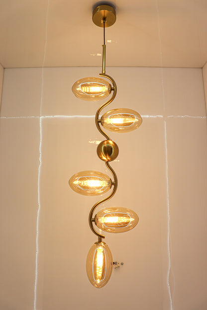 swanart Modern Gold Spiral Chandelier - 5-Light Pendant Fixture with Elegant Amber Glass Shades | Decorative Ceiling Light for Living Room, Dining Room – Creates Stunning Warm Ambiance & Statement - Swanart
