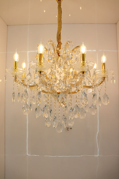Swanart luxury 8-light gold crystal chandelier with hanging glass crystals, modern decorative ceiling light for living, dining, or bedroom.
