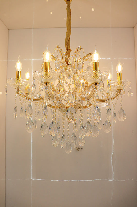 Swanart luxury 8-light gold crystal chandelier with hanging glass crystals, modern decorative ceiling light for living, dining, or bedroom.