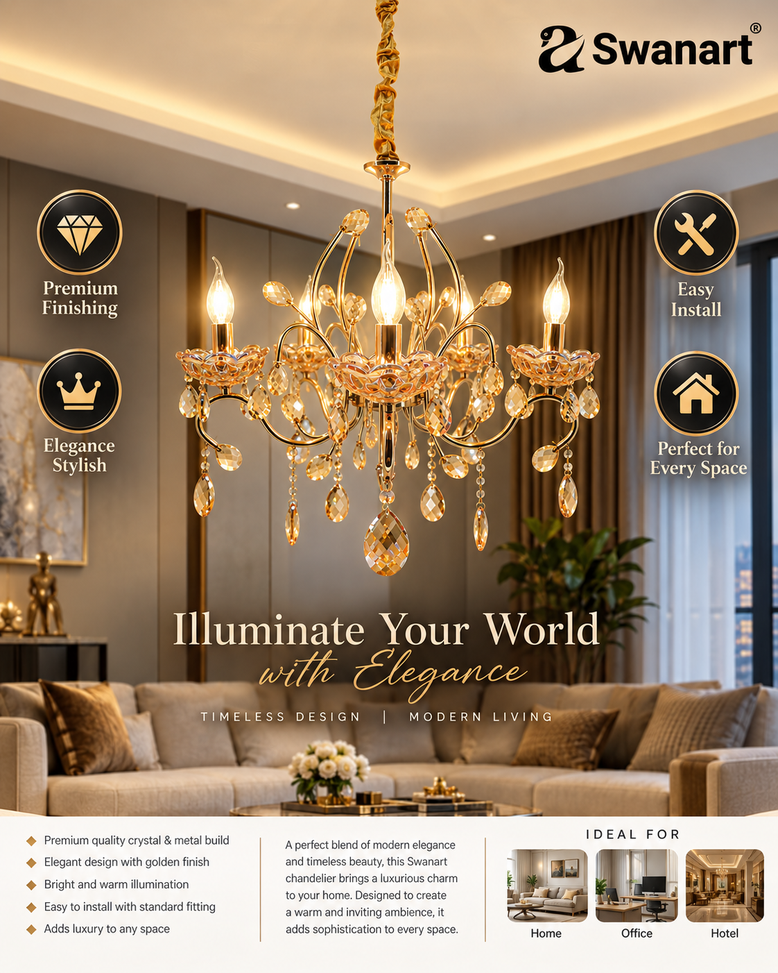 Swanart Italian chandelier with five elegant bulbs, showcasing intricate design and classic lighting decor for sophisticated interiors.